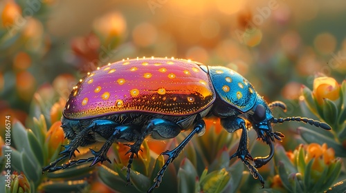 Marvel at the surreal charm of a close-up shot of a jewel-toned beetle, its vibrant colors a dazzling display against a backdrop of lush foliage.