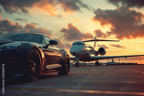 Super car and private jet on landing strip Business class service at the airport Business class transfer Airport shuttle  © Tohamina