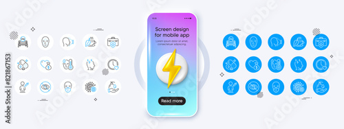 Fever, Face biometrics and Face id line icons. Phone mockup with 3d energy icon. Pack of Coronavirus, Stress, People vaccination icon. Wash hands, Dating, Donation pictogram. Vector