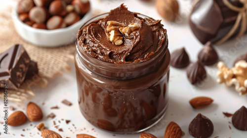 Jar with chocolate paste and nuts on white table closeup