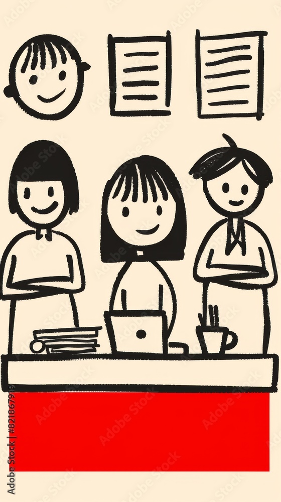 Illustration of three businesswomen at a desk with a laptop, documents, and a coffee cup, looking at the camera. Illustration of three businesswomen at a desk with a laptop, documents, and a coffee cup, looking at the camera.
