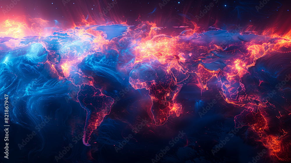 An intricate digital map ablaze with pulsating neon lines, symbolizing the dynamic flow of global data - Generative AI