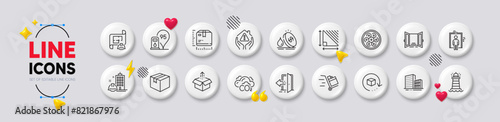Petrol station, Send box and Return package line icons. White buttons 3d icons. Pack of House protection, Parcel, Package size icon. Elevator, Open door, Fuel price pictogram. Vector
