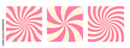 Pink Strawberry Candy Sweet Backgrounds Set. Swirl Spiral Rays Dynamic Backdrop Collection. Ice Cream Dessert Abstract Colorful Pattern Frame.