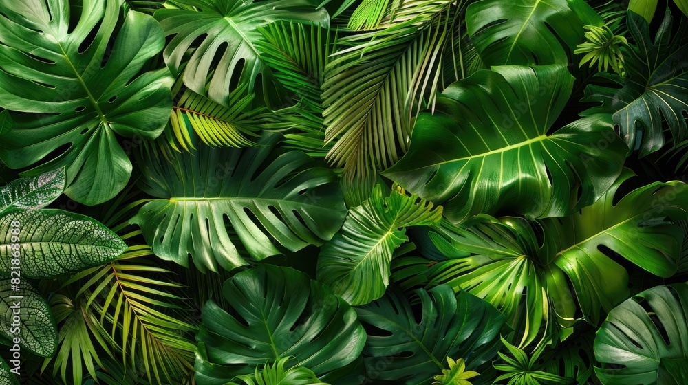 A close-up view of vibrant tropical leaves in various shades of green, with ample open space in the center for text placement