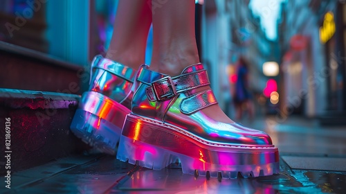 Metallic platform sandals, gleaming under the neon lights of a bustling city street, capturing the essence of urban glamour and nightlife allure.