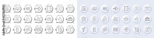 Hydroelectricity, Swipe up and Lift line icons. White pin 3d buttons, chat bubbles icons. Pack of Electric energy, Next, Reject web icon. Reject access, Star, Lock pictogram. Vector