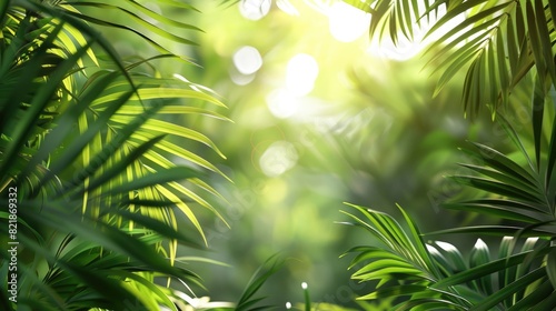 A fresh green background of tropical leaves with light filtering through  providing a serene area for text or patterns