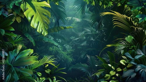 A lush tropical forest with vibrant green foliage and sunlight filtering through the canopy  creating a serene and fresh atmosphere