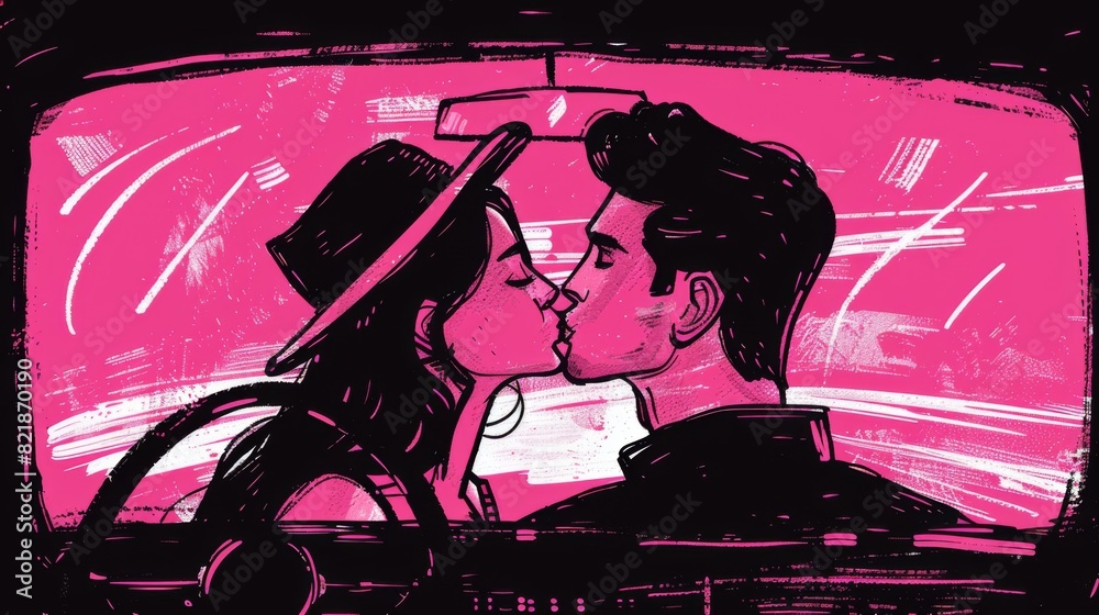Obraz premium A stylized illustration of a young couple kissing inside a car, depicted against a vibrant pink background.
