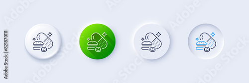Overeating pills line icon. Neumorphic, Green gradient, 3d pin buttons. Food digestion capsule sign. Unhealthy nutrition symbol. Line icons. Neumorphic buttons with outline signs. Vector