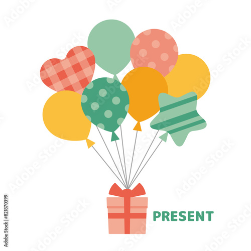 Pastel colored illustration of many colorful balloons and presents