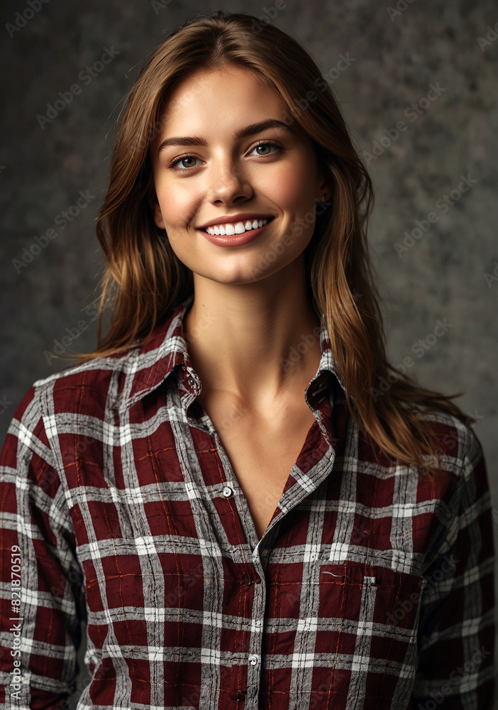 portrait of an elegant British model stands tall in a stylish plaid shirt portrait of an elegant British model stands tall in a stylish plaid shirt