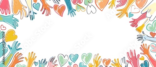 Vibrant Friendship Day Doodle Border with Interconnected Hearts and Hands for Uplifting Mockup Background