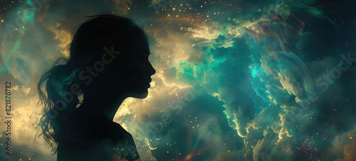 A woman stands in front of a vast space filled with stars