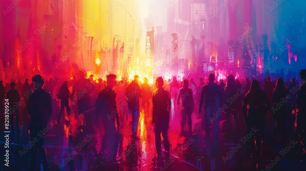 A lively crowd dancing to pop music at an outdoor summer festival, with vibrant lights and a high-energy atmosphere A lively crowd dancing to pop music at an outdoor summer festival, with vibrant lights and a high-energy atmosphere