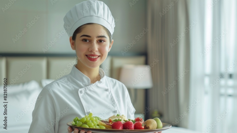 Culinary staff holding a platter of healthy food in a luxury hotel room.