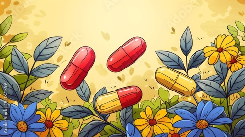 Illustration of colorful pills floating over a floral background with a warm tone.