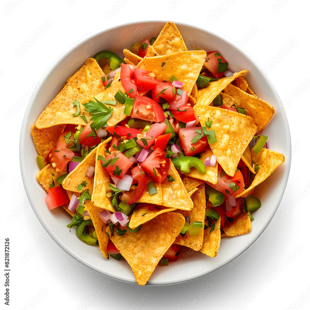 Plate of nachos corn chips with pepper, top view, isolated on white background, Plate of nachos corn chips with pepper, top view, isolated on white background,