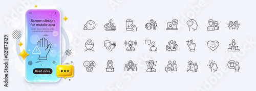 Dont touch, Scroll down and Blood line icons for web app. Phone mockup gradient screen. Pack of Ranking, Business podium, Users chat pictogram icons. Vector