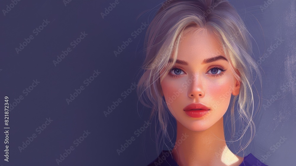 Naklejka premium Illustration of a young blond woman with striking blue eyes against a grey background.