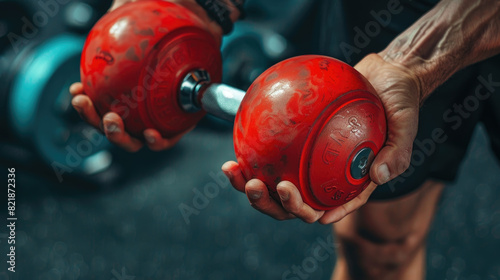 Close-up of a persons hands holding two red dumbbells photo