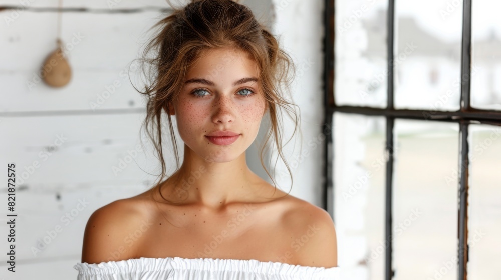 A radiant young woman with a charming smile wearing an off-shoulder white top, with a light airy ambiance. A radiant young woman with a charming smile wearing an off-shoulder white top, with a light airy ambiance.
