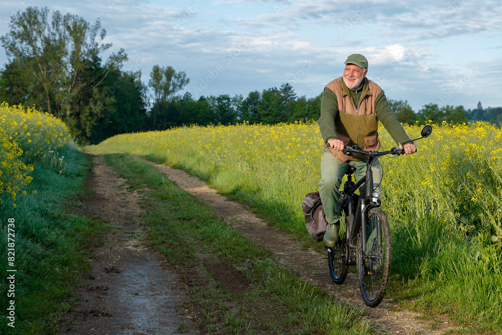 An active senior cycles early in the morning on a sunny field path, surrounded by brightly blooming yellow rapeseed fields, enjoying the peace and quiet of the morning hours.