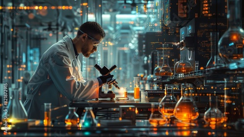 A scientist in a white lab coat examines a glowing vial of liquid under a microscope in a meticulously organized laboratory. Rows of beakers and high-tech equipment surround them, conveying a sense