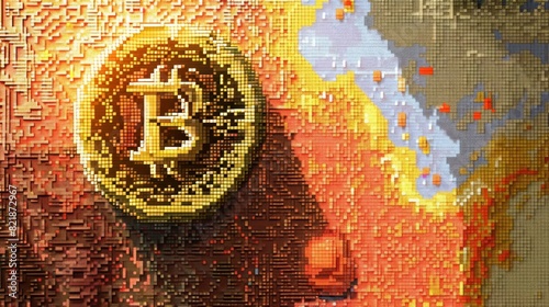 A pixelated representation of a Bitcoin coin set against a colorful map depicting economic regions, illustrating the global impact of cryptocurrency. photo