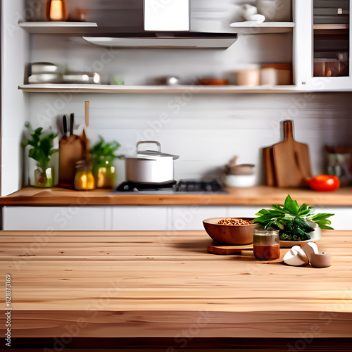 Trendy Stylish Desk Space Wood Tabletop Over Defocused Kitchen Background, Ideal for Product Presentation
