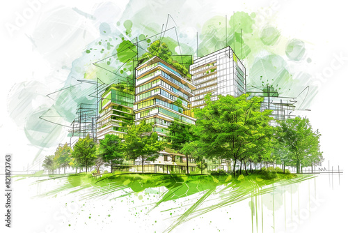 Sustainable development project sketch, green building and trees Urban planning, green space, and environmental sustainability, with energy efficiency and reduced carbon footprint 