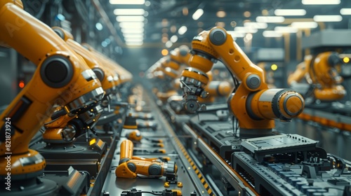 A factory floor with rows of automated machinery and robots efficiently assembling products. Technicians in hard hats and safety vests oversee the operation, showcasing the blend of human expertise © Phanuwhat