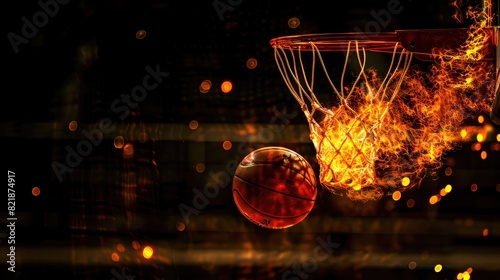A flaming basketball captured mid-air, approaching the rim in a dramatic action shot on a floodlit court, with a black background highlighting its fiery motion