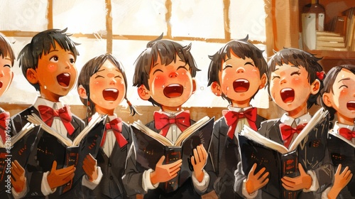 Illustration of a joyful choir rehearsing, with members singing from songbooks, illuminated by warm light. photo