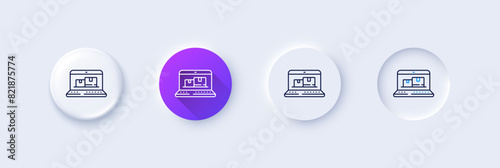 Web inventory line icon. Neumorphic, Purple gradient, 3d pin buttons. Wholesale computer sign. Warehouse system symbol. Line icons. Neumorphic buttons with outline signs. Vector