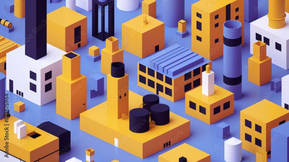 Colorful isometric illustration of industrial buildings and energy facilities with smokestacks and tanks.