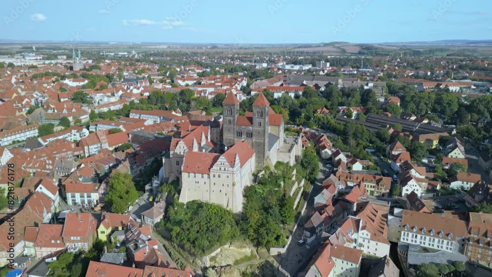 Aerial view of famous Castle Quedlinburg, in beautiful golden evening light, Saxony-Anhalt, Germany. High quality footage in 4k format Aerial view of famous Castle Quedlinburg, in beautiful golden evening light, Saxony-Anhalt, Germany. High quality footage in 4k format