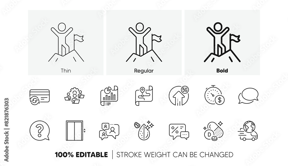 Dirty water, 5g upload and Support chat line icons. Pack of Map, Lift, Messenger icon. Discounts, Leadership, Teamwork pictogram. Report document, Vitamin d, Last minute. Line icons. Vector Dirty water, 5g upload and Support chat line icons. Pack of Map, Lift, Messenger icon. Discounts, Leadership, Teamwork pictogram. Report document, Vitamin d, Last minute. Line icons. Vector