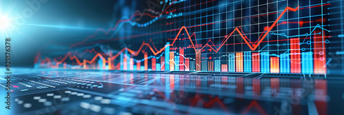 Graph, chart and hologram of stock market, financial management and investment profit tracking.