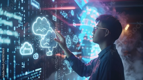 
A professional interacts with a futuristic cloud computing interface, connectivity and data management in the digital age. Highlighting innovation and technology. Data transformation concept  photo