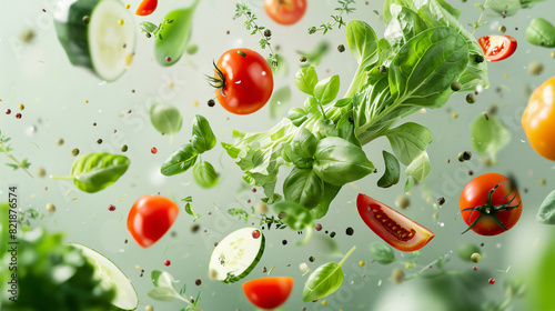 Many fresh vegetables and herbs falling on light green