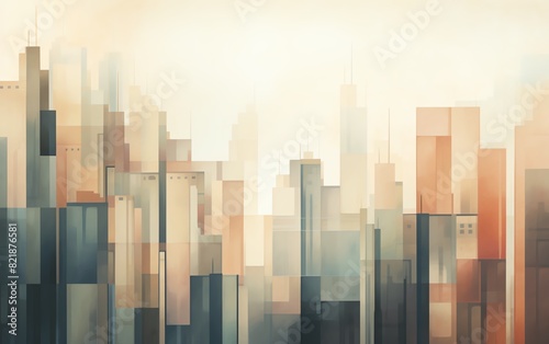 Abstract cityscape painting with geometric shapes and soft colors. Modern urban landscape art perfect for interior design and decor.