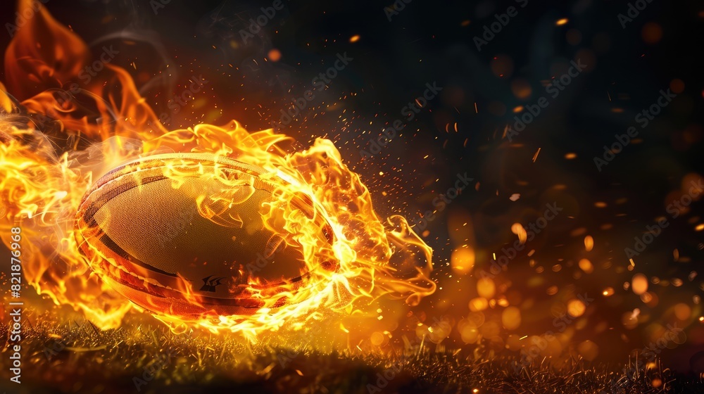A lifelike representation of a flaming rugby ball captured in dynamic motion, with a pitch lit by floodlights and a black background highlighting the dramatic scene A lifelike representation of a flaming rugby ball captured in dynamic motion, with a pitch lit by floodlights and a black background highlighting the dramatic scene
