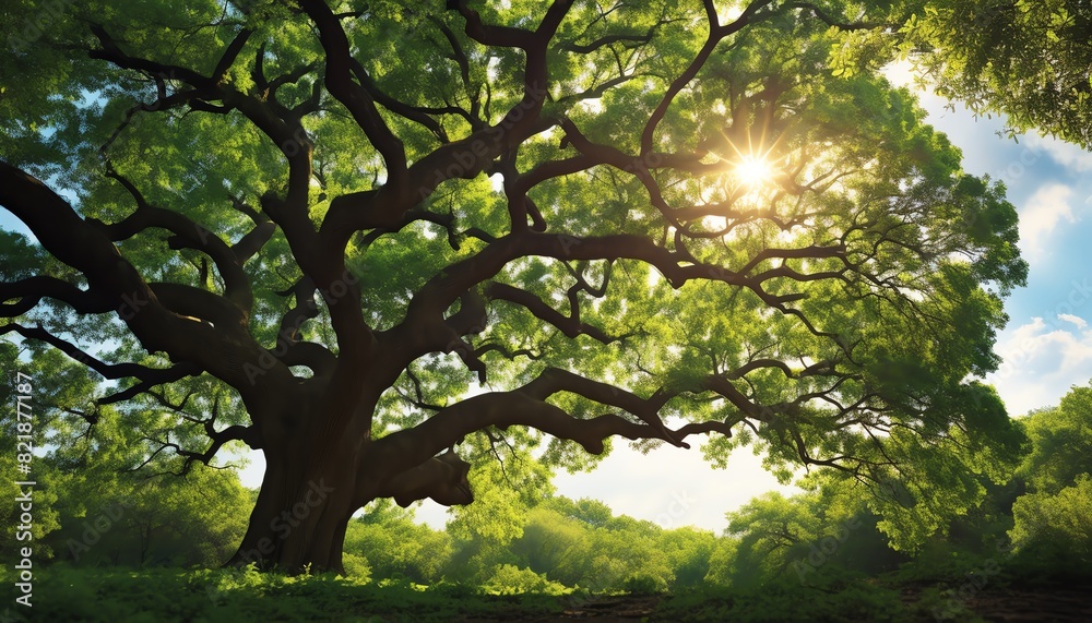 Obraz premium Majestic tree with sprawling branches against a bright sky, sunlight streaming through the leaves, creating a serene and peaceful atmosphere.