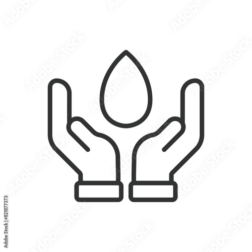 Save water, in line design. Water, save, conservation, droplet, eco, sustainability, environment on white background vector. Save water editable stroke icon.