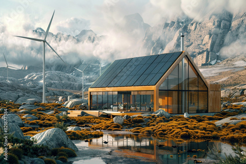 Sustainable off-grid lifestyle featuring a modern renewable power station with solar panels and wind turbines generating clean electricity in a remote area 