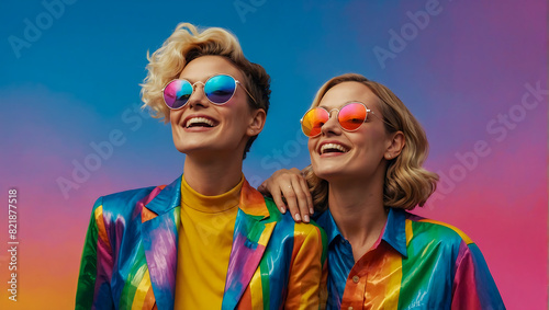 Portrait of a beautiful happy smiling lesbian couple on a pride themed background