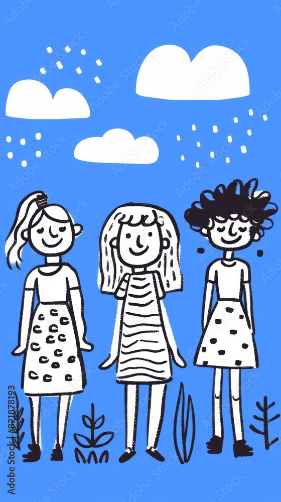 Four friends enjoy a leisurely stroll in an illustrated amusement park setting. Four friends enjoy a leisurely stroll in an illustrated amusement park setting.