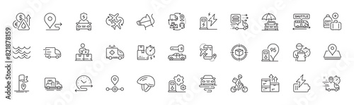 Car insurance, Shuttle bus and Pin line icons. Pack of Delivery bike, Fuel price, Flight destination icon. Truck delivery, Dog leash, Online storage pictogram. Truck transport. Line icons. Vector